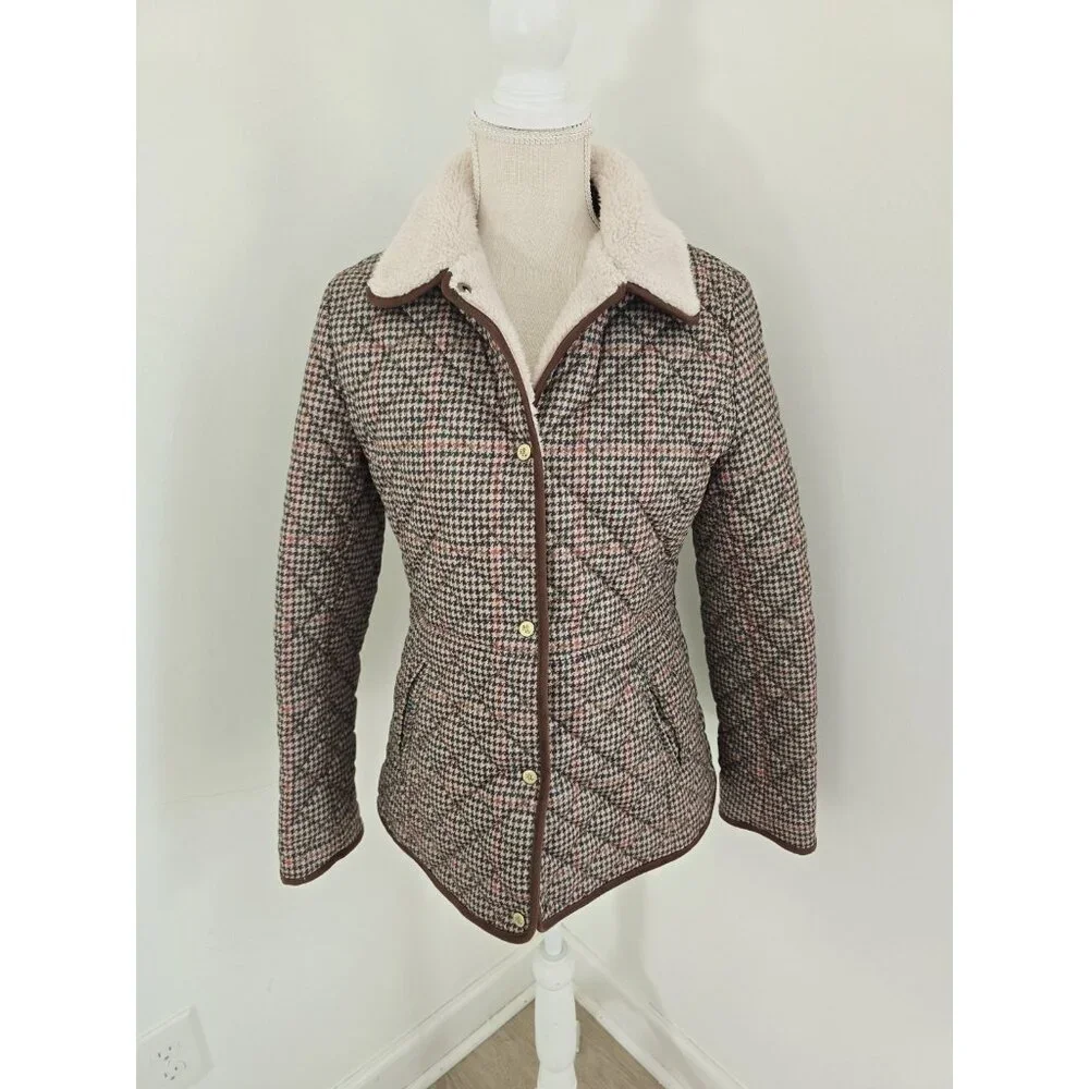 Lauren Ralph Lauren Houndstooth Quilted Jacket S Brown Green Faux Sherpa Collar - Picture 14 of 14